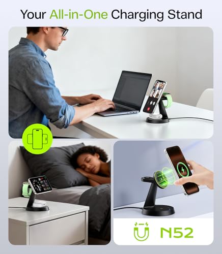 3 in 1 Charging Station for Apple Devices, 15W Fast Wireless Charger Compatible with MagSafe Charging Stand for iPhone 17 16 15 14 13 12 Series, Watch Charger Stand for Apple Watches & Airpods - size: 15W Max for Phone