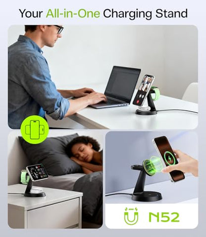 3 in 1 Charging Station for Apple Devices, 15W Fast Wireless Charger Compatible with MagSafe Charging Stand for iPhone 17 16 15 14 13 12 Series, Watch Charger Stand for Apple Watches & Airpods - size: 15W Max for Phone