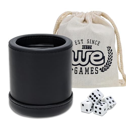 WE Games Professional Handmade Black Leather Dice Cup Set, Comes with 5 Standard Game Dice & Cloth Bag, Dice Roller for Liars Dice Farkle & Board Games, Durable Stitched Dice Cups - color: Black, size: Standard (16mm)