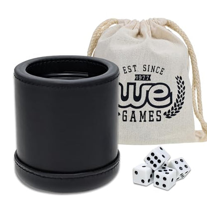 WE Games Professional Handmade Black Leather Dice Cup Set, Comes with 5 Standard Game Dice & Cloth Bag, Dice Roller for Liars Dice Farkle & Board Games, Durable Stitched Dice Cups - color: Black, size: Standard (16mm)