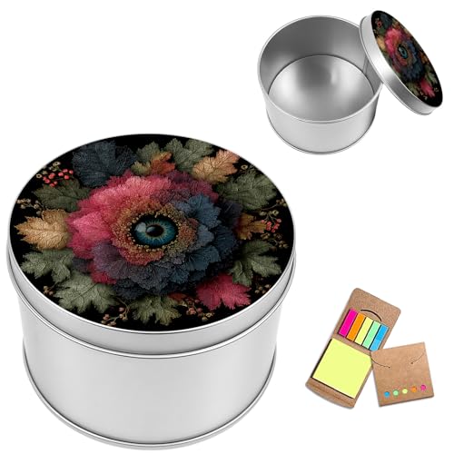 Metal Round Storage Containers Box with Lid, Metal Tins Organizer Box for Earring Jewelry Craft Trinket Keys Watch, Eye Floral Design Decorative Storage Case with Notepad - color: Eye Floral