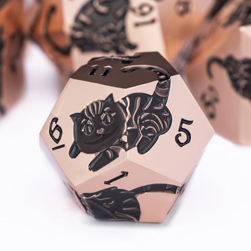 Metal DND Cat Dice 7PCS Polyhedral RPG Dice Set with Gift Case for Dungeons Dragons Role Playing Game, D and D Dice D6 D8 D10 D12 D20 D% (Copper Black) - color: Cat-copper Black