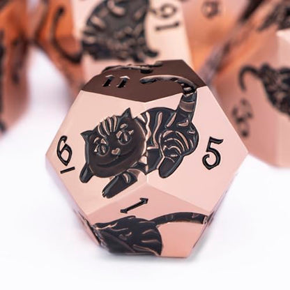 Metal DND Cat Dice 7PCS Polyhedral RPG Dice Set with Gift Case for Dungeons Dragons Role Playing Game, D and D Dice D6 D8 D10 D12 D20 D% (Copper Black) - color: Cat-copper Black