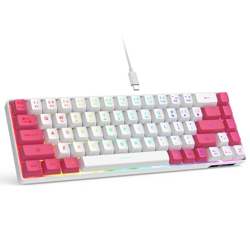 GEODMAER 65% Gaming Keyboard, LED Backlit Mini Wired Keyboard, Ultra-Compact Anti-Ghosting No-Conflict 68 Keys Membrane Gaming Wired Keyboard for PC Laptop Windows Gamer(White-Pink) - color: White-Pink