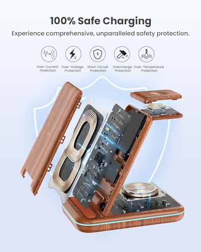 Wireless Charging Station: GEEKERA 3 in 1 Foldable Wireless Charger Stand for iPhone 17/16/15/14/13/12/11/Pro Max/X/8, Charging Station for Apple Watch Ultra/SE/11/10/9/8/7/6/5/4, AirPods 4/3/2/Pro - color: Dark Wood