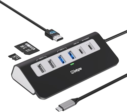 P9 USB C Hub, INTPW 9-in-1 USB Multiport Adapter with 4K HDMI, PD 100W, USB-C and 2 USB A 3.0 5Gbps, 2 USB A 2.0, SD/TF Card Reader, Aluminum Powered USB Hub for PC, iPhone 16/15 Series, MacBook, iPad - color: Black, size: 1.64ft+5Gbps