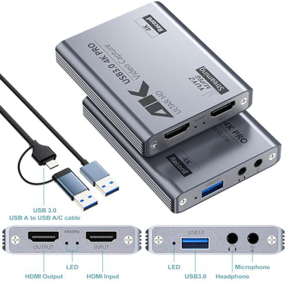USB 3.0 4K Video Capture Card for PS5/Switch/Xbox/PC | 1080P60Hz/2K30Hz/4K18Hz Capture, 4K60Hz HDMI Loop-Out, High-Speed Interface, OBS Compatible, Near-Zero Latency, Plug & Play