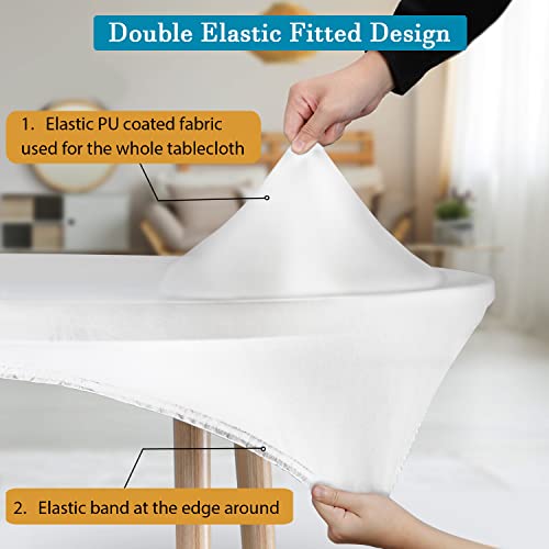 Double Fitted Design PU Round Fitted Tablecloth, Anti-Tear Wipeable Elastic Round Tablecloth, Soft-Touch Fitted Table Cloth, Waterproof Oil-Proof Table Cover (White, 45"-48" Round) - color: White, size: 47" (Round)
