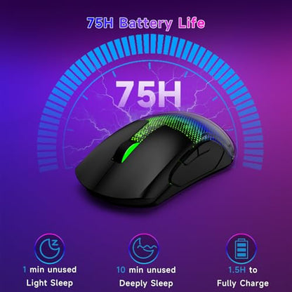 FFJ Master02 Wireless Gaming Mouse, 12000 DPI, Tri-Mode 2.4G/USB-C/Bluetooth 5.3 Gaming Mouse, Python Skin Texture RGB Backlit, 6 Programmable Buttons, 75Hr Battery Life for PC, Mac, PS5, XBOX - Black