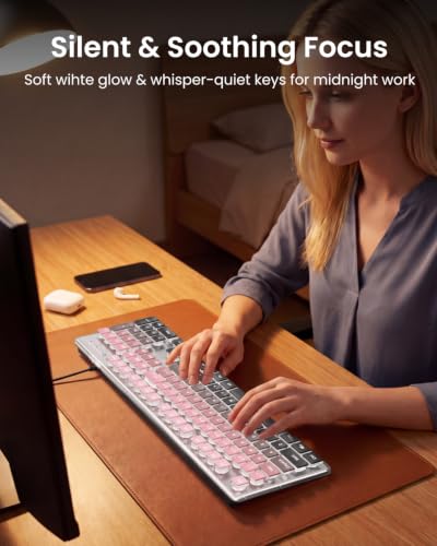 Wired Backlit Keyboard with Pudding Keycaps, Quiet Full Size Computer Keyboard White Backlight Easy-to-Read, Never Fade, Metal Panel, USB Cute Desk Setup for Windows PC Desktop, Pink-Black Ombré - color: Pink-Black Ombré