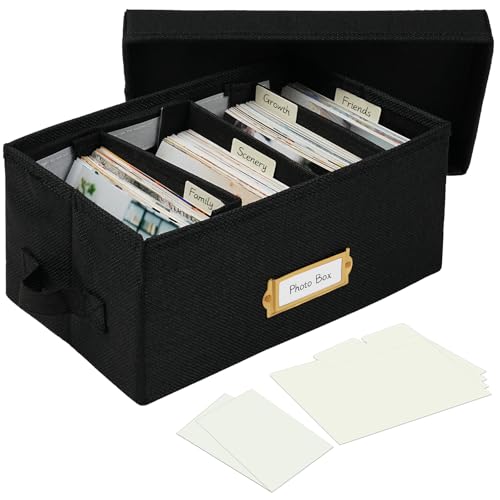 Linen Photo Storage Box with Adjustable Hook and Loop Dividers, Holds 850 4"x6" Photos, Collapsible Picture Organizer with Handle and Label Stickers, Memory Keepsake Box for Women, Black - color: Black, size: 11.22"x6.89"x5.12"