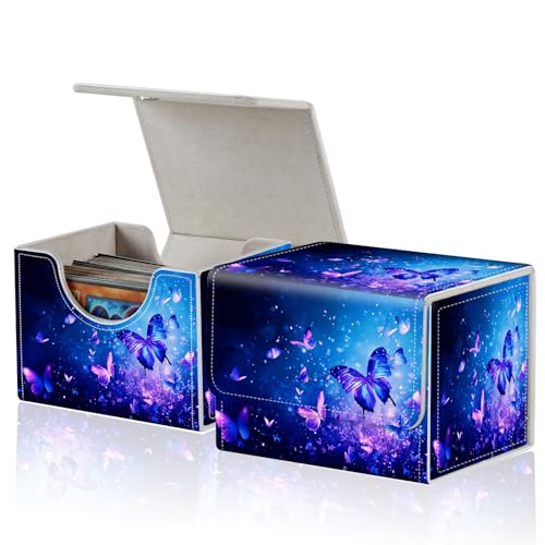 for MTG Commander Deck Box,Card Deck Box for Trading Yugioh MTG,Fits 100 Double Sleeved Cards,PU Leather Strong Magnet Case for Magic Commander TCG CCG,Blue Glitter Butterfly - color: Blue Glitter Butterfly