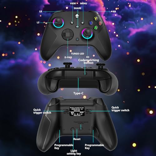 YUYIU Wireless 2.4GHz Controller with 7 Colors RGB Light for Xbox Controller, Xbox One Series X|S,Consoles,Steam PC Windows, with 1000mAh Battery/Hall Effect Sticks/Turbo/Programmable, 3.5mm Audio Jack (BLACK) - color: BLACK