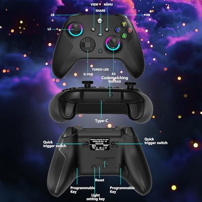 YUYIU Wireless 2.4GHz Controller with 7 Colors RGB Light for Xbox Controller, Xbox One Series X|S,Consoles,Steam PC Windows, with 1000mAh Battery/Hall Effect Sticks/Turbo/Programmable, 3.5mm Audio Jack (BLACK) - color: BLACK