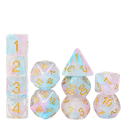 UDIXI 11-Pieces DND Dice Set D&D Polyhedral Dice Iridecent Swirls for RPG | Pink & Cyan Colors, Gold Number, Velvet Dice Bag Packaging, for Dungeons and Dragons Role Playing Games and Tabletop Games - color: 11 Piece Pink Cyan Glitter Dice