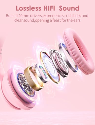 Cat Ear Bluetooth Headphones with Micphone for Kids & Adults, LED Light Up Wireless HI-FI Sound Quality, Over-Ear Headphones with Volume Control for iPhone/iPad/Laptop/PC(55H Play Time) - style: Adults-105dB-Pink