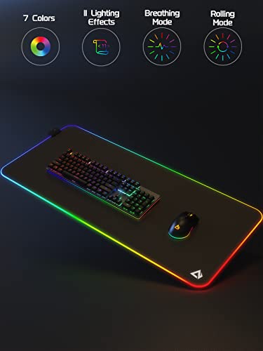 Gaming Mouse Pad, RGB Mouse Mat XXL Large (35.4 x 15.75 in) with 7 LED Colors 11 Lighting Modes Waterproof Fabric Surface Non-Slip Rubber Base for PC Laptop Keyboard - size: 35.4L x 15.8W inches