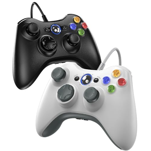Gamrombo Wired Controller for Xbox 360-2 Pack, Compatible with xbox 360/360 S/360 E, with Dual-Vibration, 2.5mm headphone Jack（Black+White） - color: Black+White