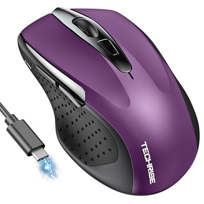 TechRise Bluetooth Mouse (BT5.0/3.0 & 2.4G) Rechargeable Wireless Mouse, 4800 DPI Optical Tracking, 6 Adjustable DPI, 2.4GHz with USB A Receiver, Quiet Clicks, Ergonomic Grips, 6 Buttons - Purple - color: Purple