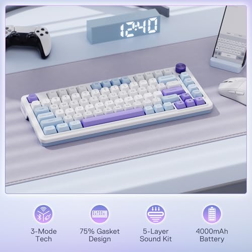 Redragon K673 PRO Wireless 81-Key RGB Gasket Gaming Keyboard, Scroll Knob | Multi-Function Control Wheel, 0-Delay Tri-Mode, Cushioned 5-Layer Noise Dampening for Creamy Thocky Sound, Compact 80% Size - color: Moonrise Violet, size: 81 Keys + No LCD Screen