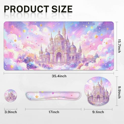 Arttown Keyboard Mouse Pad Set, 4 in 1 Desk Mat Set Pink Castle | Star Ribbons Large Mousepad+Keyboard Wrist Rest+Mouse Wrist Rest+Coaster Ergonomic Design for Home Office Computer - color: Pink Castle