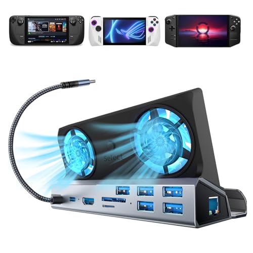 10-in-1 Docking Station for Steam Deck OLED & ROG Ally X & Legion Go & Switch 2, Dual Cooling Fan 5 USB Ports, 4K@60Hz HDMI 2.0, 100W Charging Port Support ROG Ally 30W Mode, Gigabit Ethernet, SD/TF