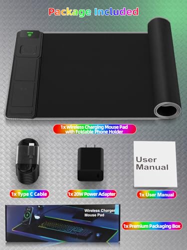 Mouse Pad with Wireless Charger Foldable Phone Holder, XXL RGB Gaming Mousepad 31.5"x15.8" Large Desk Mat for Keyboard, Black Desk Pad with Dual Qi Charging Station, 11 Colors 5 Modes - color: Black-Phone Holder-31.5"x15.8"(with Wall Charger)