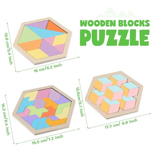 Yunsailing 3 Pack Large Wooden Blocks Puzzles Hexagon Tangram Puzzle Wooden Russian Brain Puzzles for Adult Challenge Teasers Geometric Jigsaw Logic Iq STEM Educational Gift Graduation(Fresh) - style: Fresh