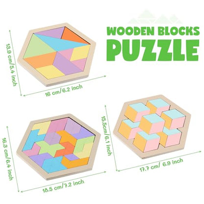 Yunsailing 3 Pack Large Wooden Blocks Puzzles Hexagon Tangram Puzzle Wooden Russian Brain Puzzles for Adult Challenge Teasers Geometric Jigsaw Logic Iq STEM Educational Gift Graduation(Fresh) - style: Fresh