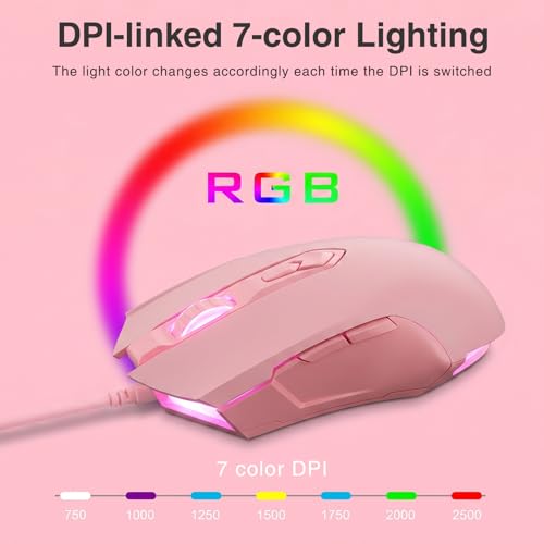 Lomiluskr AJ52 RGB Wired Gaming Mouse, 7 Programmable Buttons, Computer Mice with RGB Lighting, 200-4800 DPI Adjustable, for PC/Laptop (Pink) - color: Pink