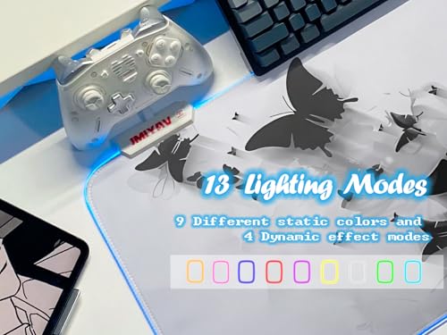JMIYAV White Gaming Mouse Pad RGB Mousepad Non-Slip Rubber Base Extra Large Cool XL XXL Computer Desk Pad Gaming Accessories LED Light Up Extended Big Mouse Pad for Gamer Inkwing Butterflies - color: Inkwing Butterflies