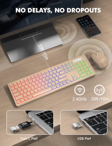 Wireless Keyboard and Mouse Combo, RGB Backlit, Trueque KM42Pro | RGB Rainbow Backlit, Rechargeable Keyboard Mouse, Sleep Mode, 2.4GHz Wireless, Silent Soft Typing, USB-C Adapter - color: Sand Gold