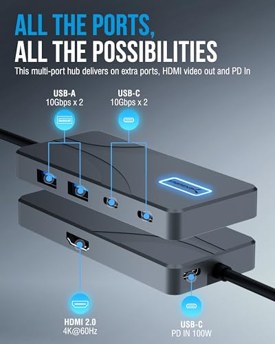 SABRENT USB-C Hub 5-in-1, 10Gbps, 4K HDMI, 100W PD (HB-TG5P) | USB-A & USB-C; single 4K@60Hz HDMI; 80W laptop charging; aluminum; MacBook, iPad, laptops; powered usb c hub - color: Matte Black