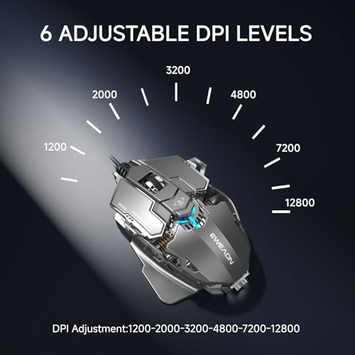 EWEADN G5 Wired Gaming Mouse with Adjustable Tail, 12800 DPI Programmable Computer Mouse with RGB Backlit, 9 Macro Buttons, Rapid Fire Key & Aluminum Base Ergonomic PC Mice for Laptop, PC-Grey&White - color: Black&Grey