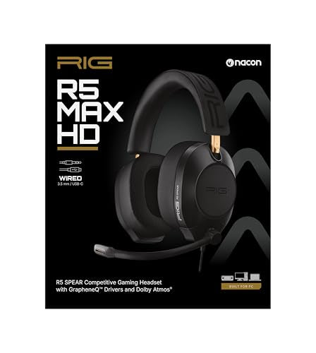 RIG R5 Spear MAX HD Wired PC Gaming Headset | 40mm GrapheneQ™ Drivers, USB-C Audio DAC, Dolby Atmos 3D Audio, Detachable Noise-Canceling Mic, Memory Foam, 3.5mm, USB-C - color: Black