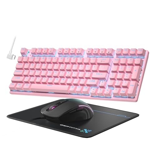 Mechanical Gaming Keyboard and Mouse, LED Backlit 98-Key Floating Keycap & 4 DPI RGB Gaming Mouse with Mouse Pad, Full Anti-Ghost Light Up Wired Computer Keyboards for MAC PC Gamer Accessories, Pink - color: Pink