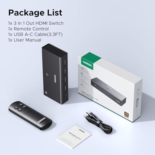 UGREEN HDMI Switch 3 in 1 Out, 4K@60Hz, with Remote, HDR10+, 3D, Dolby | CEC, HDCP2.2, HDMI Splitter, Compatible with Switch 2, PS5/4, Laptop Xbox Roku TV Fire Stick Blu-Ray Player Monitor Projector