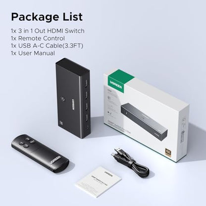 UGREEN HDMI Switch 3 in 1 Out, 4K@60Hz, with Remote, HDR10+, 3D, Dolby | CEC, HDCP2.2, HDMI Splitter, Compatible with Switch 2, PS5/4, Laptop Xbox Roku TV Fire Stick Blu-Ray Player Monitor Projector