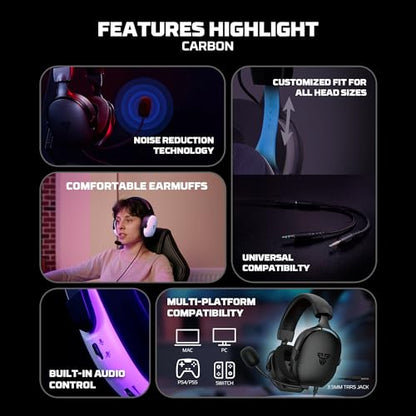 FANTECH Carbon MH92 Multi-Platform Gaming Headset with Noise Cancelling Microphone, 3.5mm Wired, Adjustable Steel Headband for PC, PS4, PS5, Switch, Xbox - Carbon Noise Reduction Technology