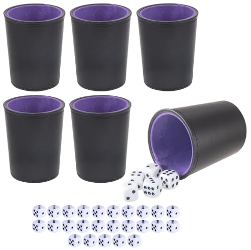 Leather Dice Cup, Quite Felt-Lined Interior, 6 Shaker Cups and 30 Dot Dices, one Carry Bag (Black and Purple) - color: Black and Purple