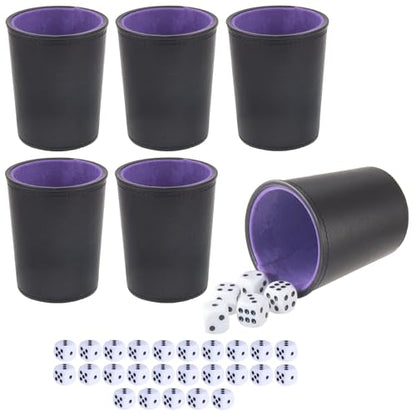 Leather Dice Cup, Quite Felt-Lined Interior, 6 Shaker Cups and 30 Dot Dices, one Carry Bag (Black and Purple) - color: Black and Purple