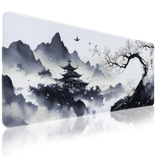 Large Mouse Pad Japanese Desk Mat, XL Anime Gaming Mouse Pad | Smooth Tracking, Non-slip Rubber Base, Durable Stitched Edges, Extended Mousepad for PC/Laptop/Office/Home - color: Ink Hill