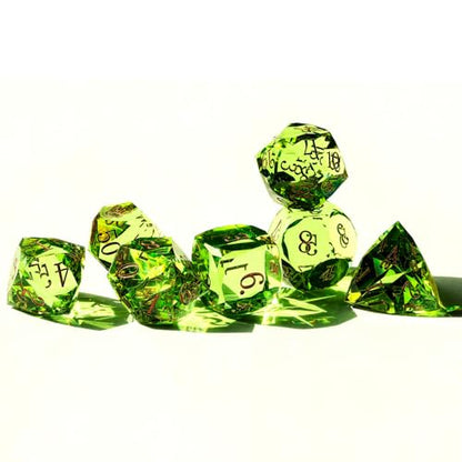 Crystal Multifaceted Polyhedral Dice Set 7 PCS for DND, RPG Tabletop Gaming, Collectors | Tinbox Packing, Gemstone Effect Dice (Olive Drab) - color: Olive Drab