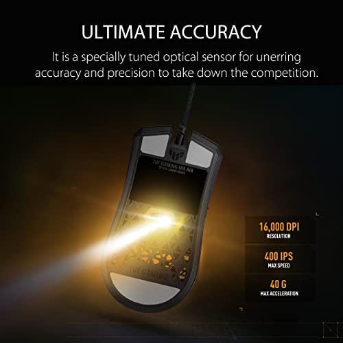 ASUS TUF Gaming M4 Air Lightweight Mouse | 16,000 dpi Sensor, Programmable Buttons, 47g Ultralight Shell, IPX6 Water Resistance, Gaming Paracord and Low Friction PTFE Feet, Black