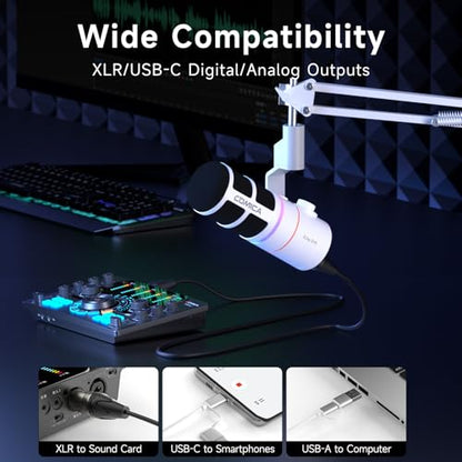 COMICA EJoy D10(A) USB/XLR Dynamic Gaming Mic with Boom Arm, Noise Cancel | Cardioid Dynamic Capsule, 48khz/24bit, 4-Level Gain & Real-Time Monitor, Streaming Microphone for Gamers Pc/Laptop/Ps5 - color: White