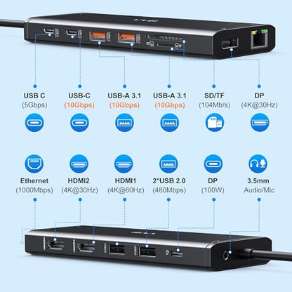 USB C Laptop Docking Station Dual Monitor 14 in 1 USB C Hub Multi Adapter | USB C Dongle Dock 14 in 1 USB C to 2 HDMI 4K+DisplayPort+Ethernet+4USB+2USB C+100W PD Charger+SD/TF for Dell/Lenovo/HP Laptop - color: Black