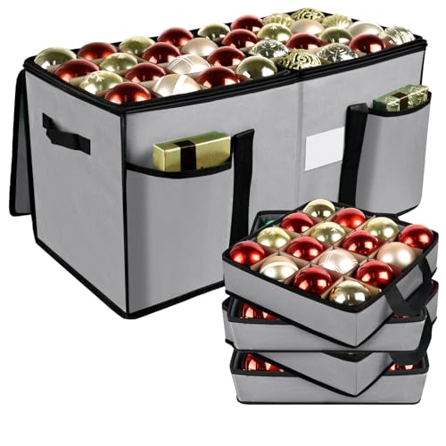 Christmas Ornament Storage Box with Dividers, Holds 128 Balls, Gray | 600D Oxford Fabric, Adjustable Dividers, Removable Trays, Dual Zippers, Reinforced Handles - color: Gray, size: 128 Balls