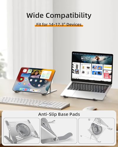 SHUWEI Portable Laptop Cooling Stand, Foldable & Adjustable Aluminum Stand with 3 Speed Powerful Quiet Fans, Ultra-Lightweight Ergonomic Cooling Pad for 17.3" Laptops (Silver, for 17.3" Laptop) - color: Silver