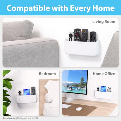TotalMount Hole-Free Remote Holder – Eliminates Need to Drill Holes in Your Wall (Premium White Holder for 3 or 4 Remotes) - color: White