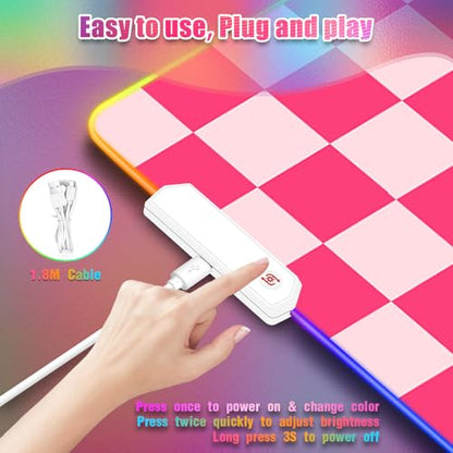 RGB Gaming Mouse Pad I Large Mousepad with 14 Led Modes I Keyboard Pad Gaming Desk Mat I Non-Slip Rubber Base Mouse Mat I 900x400x4mm Waterproof Mousepad for Gaming PC MacBook I Pink Checkered - color: Pink Checkered